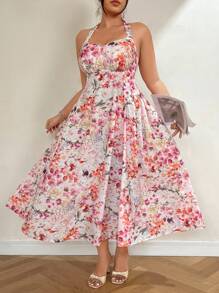 Celure Plus Size Women's Summer Pink Floral Wrap Tied Waist Dress, Vacation Style