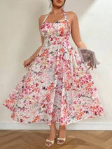 Celure Plus Size Women's Summer Pink Floral Wrap Tied Waist Dress, Vacation Style