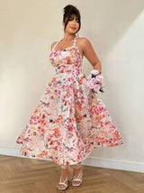 Celure Plus Size Women's Summer Pink Floral Wrap Tied Waist Dress, Vacation Style