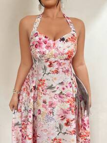 Celure Plus Size Women's Summer Pink Floral Wrap Tied Waist Dress, Vacation Style