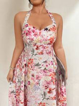 Celure Plus Size Women's Summer Pink Floral Wrap Tied Waist Dress, Vacation Style