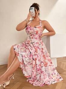 Celure Plus Size Women's Summer Pink Floral Wrap Tied Waist Dress, Vacation Style