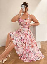 Celure Plus Size Women's Summer Pink Floral Wrap Tied Waist Dress, Vacation Style