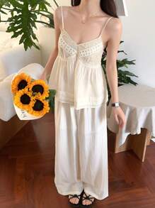 DAZY Women Solid Color Casual Camisole & Lace Patchwork 2 Pieces Set