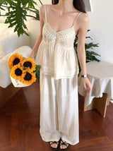 DAZY Women Solid Color Casual Camisole & Lace Patchwork 2 Pieces Set