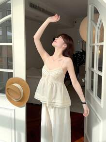 DAZY Women Solid Color Casual Camisole & Lace Patchwork 2 Pieces Set