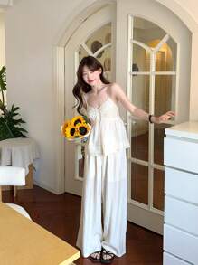 DAZY Women Solid Color Casual Camisole & Lace Patchwork 2 Pieces Set