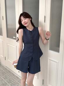 DAZY 2pcs/Set Women's Solid Color Single-Breasted Vest And Shorts Casual Set