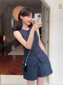 DAZY 2pcs/Set Women's Solid Color Single-Breasted Vest And Shorts Casual Set