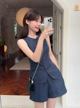 DAZY 2pcs/Set Women's Solid Color Single-Breasted Vest And Shorts Casual Set