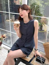 DAZY 2pcs/Set Women's Solid Color Single-Breasted Vest And Shorts Casual Set