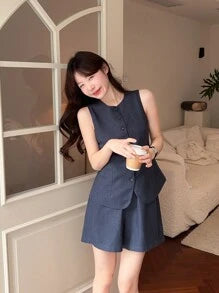 DAZY 2pcs/Set Women's Solid Color Single-Breasted Vest And Shorts Casual Set