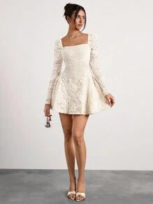 Glamine Glamine Glamine Romantic, Elegant, Sexy Apricot Woven French-Style Collar Long Sleeve Lace Patchwork Jacquard Palace-Style Mini Party Dress With Arched Hem, Suitable For Festivals In Autumn/Winter ,Winter Clothes For Women,Holiday Dress,New Years