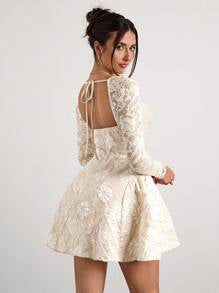 Glamine Glamine Glamine Romantic, Elegant, Sexy Apricot Woven French-Style Collar Long Sleeve Lace Patchwork Jacquard Palace-Style Mini Party Dress With Arched Hem, Suitable For Festivals In Autumn/Winter ,Winter Clothes For Women,Holiday Dress,New Years