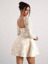 Glamine Glamine Glamine Romantic, Elegant, Sexy Apricot Woven French-Style Collar Long Sleeve Lace Patchwork Jacquard Palace-Style Mini Party Dress With Arched Hem, Suitable For Festivals In Autumn/Winter ,Winter Clothes For Women,Holiday Dress,New Years
