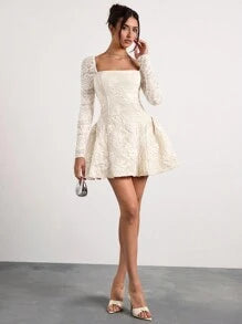 Glamine Glamine Glamine Romantic, Elegant, Sexy Apricot Woven French-Style Collar Long Sleeve Lace Patchwork Jacquard Palace-Style Mini Party Dress With Arched Hem, Suitable For Festivals In Autumn/Winter ,Winter Clothes For Women,Holiday Dress,New Years