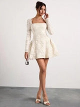 Glamine Glamine Glamine Romantic, Elegant, Sexy Apricot Woven French-Style Collar Long Sleeve Lace Patchwork Jacquard Palace-Style Mini Party Dress With Arched Hem, Suitable For Festivals In Autumn/Winter ,Winter Clothes For Women,Holiday Dress,New Years