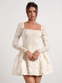 Glamine Glamine Glamine Romantic, Elegant, Sexy Apricot Woven French-Style Collar Long Sleeve Lace Patchwork Jacquard Palace-Style Mini Party Dress With Arched Hem, Suitable For Festivals In Autumn/Winter ,Winter Clothes For Women,Holiday Dress,New Years