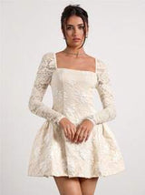 Glamine Glamine Glamine Romantic, Elegant, Sexy Apricot Woven French-Style Collar Long Sleeve Lace Patchwork Jacquard Palace-Style Mini Party Dress With Arched Hem, Suitable For Festivals In Autumn/Winter ,Winter Clothes For Women,Holiday Dress,New Years