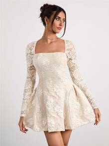 Glamine Glamine Glamine Romantic, Elegant, Sexy Apricot Woven French-Style Collar Long Sleeve Lace Patchwork Jacquard Palace-Style Mini Party Dress With Arched Hem, Suitable For Festivals In Autumn/Winter ,Winter Clothes For Women,Holiday Dress,New Years
