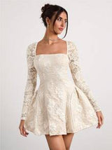 Glamine Glamine Glamine Romantic, Elegant, Sexy Apricot Woven French-Style Collar Long Sleeve Lace Patchwork Jacquard Palace-Style Mini Party Dress With Arched Hem, Suitable For Festivals In Autumn/Winter ,Winter Clothes For Women,Holiday Dress,New Years