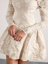 Glamine Glamine Glamine Romantic, Elegant, Sexy Apricot Woven French-Style Collar Long Sleeve Lace Patchwork Jacquard Palace-Style Mini Party Dress With Arched Hem, Suitable For Festivals In Autumn/Winter ,Winter Clothes For Women,Holiday Dress,New Years