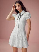 Enchnt Spring/Summer Romantic Women's Colorblock Trim Short Sleeve Casual Lace Mini Dress, For Romantic Dinner Dates&Holiday &Afternoon Tea &Vacation&Sweet Date&Graduation Season,Summer Outfits For Women,White Lace Dress