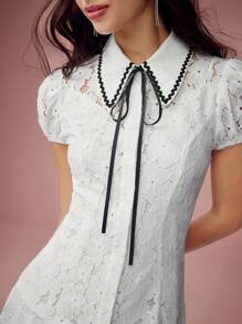 Enchnt Spring/Summer Romantic Women's Colorblock Trim Short Sleeve Casual Lace Mini Dress, For Romantic Dinner Dates&Holiday &Afternoon Tea &Vacation&Sweet Date&Graduation Season,Summer Outfits For Women,White Lace Dress