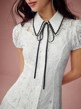Enchnt Spring/Summer Romantic Women's Colorblock Trim Short Sleeve Casual Lace Mini Dress, For Romantic Dinner Dates&Holiday &Afternoon Tea &Vacation&Sweet Date&Graduation Season,Summer Outfits For Women,White Lace Dress