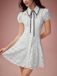 Enchnt Spring/Summer Romantic Women's Colorblock Trim Short Sleeve Casual Lace Mini Dress, For Romantic Dinner Dates&Holiday &Afternoon Tea &Vacation&Sweet Date&Graduation Season,Summer Outfits For Women,White Lace Dress