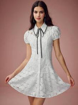 Enchnt Spring/Summer Romantic Women's Colorblock Trim Short Sleeve Casual Lace Mini Dress, For Romantic Dinner Dates&Holiday &Afternoon Tea &Vacation&Sweet Date&Graduation Season,Summer Outfits For Women,White Lace Dress