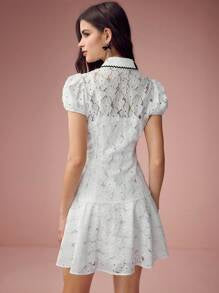 Enchnt Spring/Summer Romantic Women's Colorblock Trim Short Sleeve Casual Lace Mini Dress, For Romantic Dinner Dates&Holiday &Afternoon Tea &Vacation&Sweet Date&Graduation Season,Summer Outfits For Women,White Lace Dress