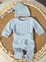 New Born Photography Outfits Baby Boys Girls "HELLO" Embroidery Top, Pants And Hat 3pcs Set, Infant 1 Month 100 Days Photo Studio Clothing
