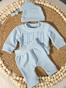 New Born Photography Outfits Baby Boys Girls "HELLO" Embroidery Top, Pants And Hat 3pcs Set, Infant 1 Month 100 Days Photo Studio Clothing
