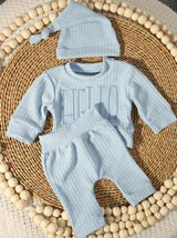 New Born Photography Outfits Baby Boys Girls "HELLO" Embroidery Top, Pants And Hat 3pcs Set, Infant 1 Month 100 Days Photo Studio Clothing