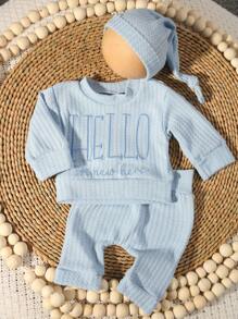 New Born Photography Outfits Baby Boys Girls "HELLO" Embroidery Top, Pants And Hat 3pcs Set, Infant 1 Month 100 Days Photo Studio Clothing