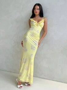 Aloruh Women's Spring And Summer Vacation Sexy Romantic Deep V Dress Mesh Floral Print Yellow Dress With Cap Sleeves Extra Long Tight Fishtail Dress,Pastel Dresses For Women