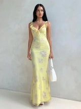 easyown Women's Spring And Summer Vacation Sexy Romantic Deep V Dress Mesh Floral Print Yellow Dress With Cap Sleeves Extra Long Tight Fishtail Dress,Pastel Dresses For Women