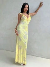 Aloruh Women's Spring And Summer Vacation Sexy Romantic Deep V Dress Mesh Floral Print Yellow Dress With Cap Sleeves Extra Long Tight Fishtail Dress,Pastel Dresses For Women