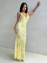 easyown Women's Spring And Summer Vacation Sexy Romantic Deep V Dress Mesh Floral Print Yellow Dress With Cap Sleeves Extra Long Tight Fishtail Dress,Pastel Dresses For Women