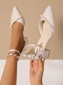 Women Pearl Elegant Chunky Heel Closed Toe Dress Pumps, Fashion Pointed Toe Slingback Sandals