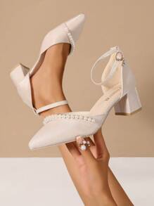 Women Pearl Elegant Chunky Heel Closed Toe Dress Pumps, Fashion Pointed Toe Slingback Sandals