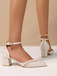 Women Pearl Elegant Chunky Heel Closed Toe Dress Pumps, Fashion Pointed Toe Slingback Sandals