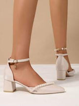 Women Pearl Elegant Chunky Heel Closed Toe Dress Pumps, Fashion Pointed Toe Slingback Sandals