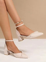 Women Pearl Elegant Chunky Heel Closed Toe Dress Pumps, Fashion Pointed Toe Slingback Sandals