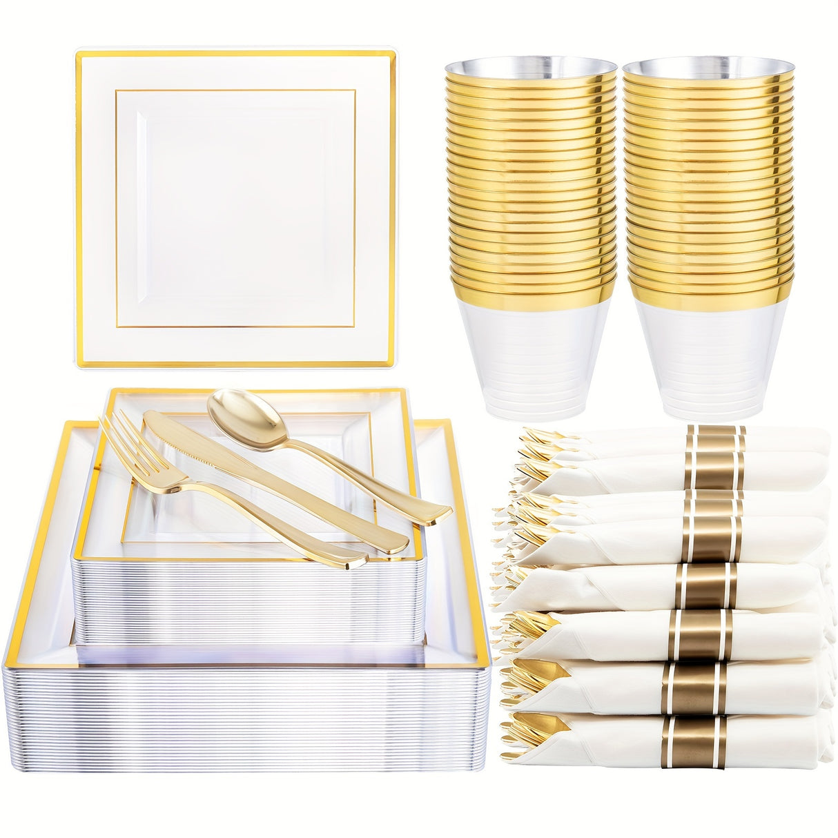 175 PCS Clear Gold Plastic Plates, Gold Plastic Dinnerware Sets Includes: 25 Dinner Plates, 25 Salad Plates, 25 Pre Rolled Napkins with Gold silverware, 25 Cups 9 OZ, Perfect for Wedding and Party (gold/rose gold), Hand washa