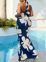 Women's Plus Size Spring/Summer Sexy Deep V-Strap Slim Fit Long Dress, Full Tropical Geometric Print, Suitable For Vacation, Elegant Business Casual Fashion Item