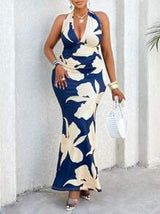 Women's Plus Size Spring/Summer Sexy Deep V-Strap Slim Fit Long Dress, Full Tropical Geometric Print, Suitable For Vacation, Elegant Business Casual Fashion Item