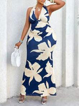 Women's Plus Size Spring/Summer Sexy Deep V-Strap Slim Fit Long Dress, Full Tropical Geometric Print, Suitable For Vacation, Elegant Business Casual Fashion Item