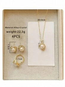 4pcs Stainless Steel Jewelry Set. Vintage Elegant Faux Pearl Necklace With Rhinestone Rose Petal